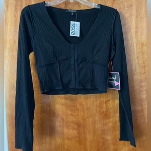 Black Long Sleeve Crop Top Corset Front-Close Size Medium NWT